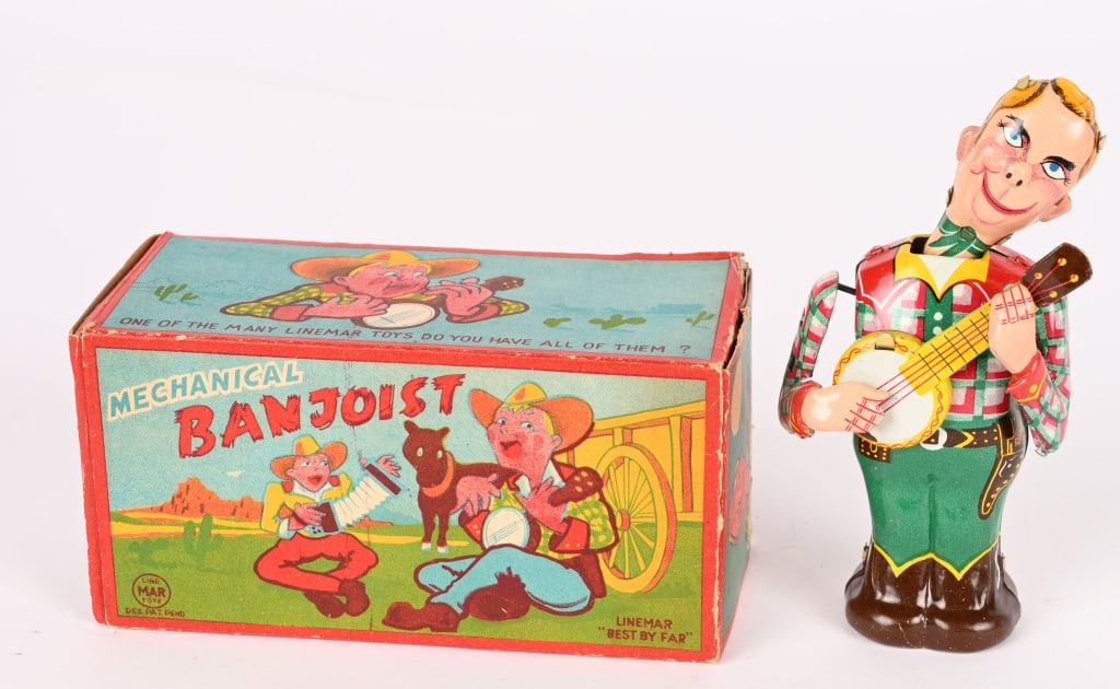 LINEMAR TIN WINDUP BANJOIST w/ BOX: All original in nice shape. Works. Boxed 5 1/2" Excellent