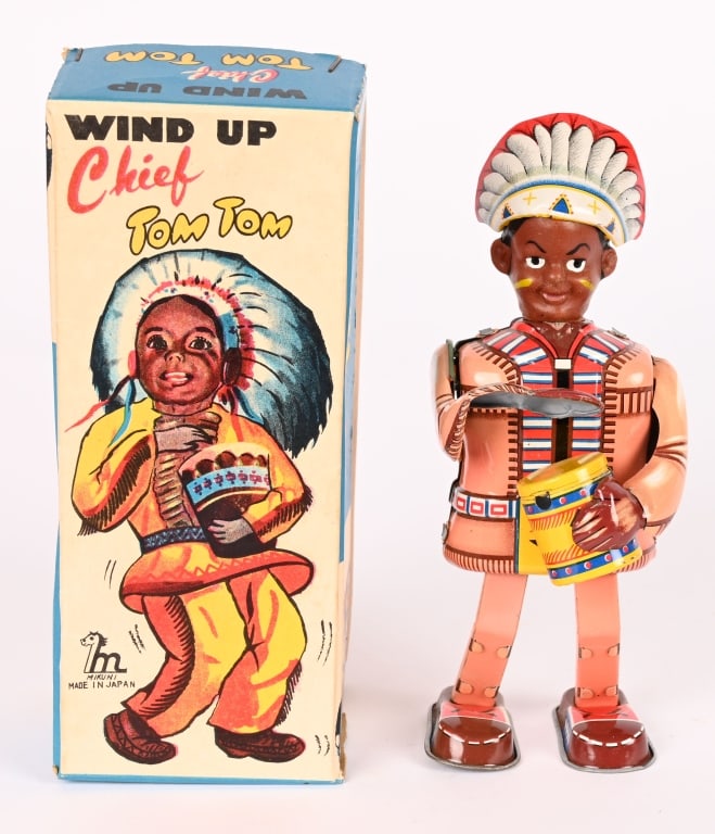 JAPAN TIN WINDUP CHIEF TOM TOM w/ BOX: All original looks never played with. Works. Boxed 6 1/2" Excellent