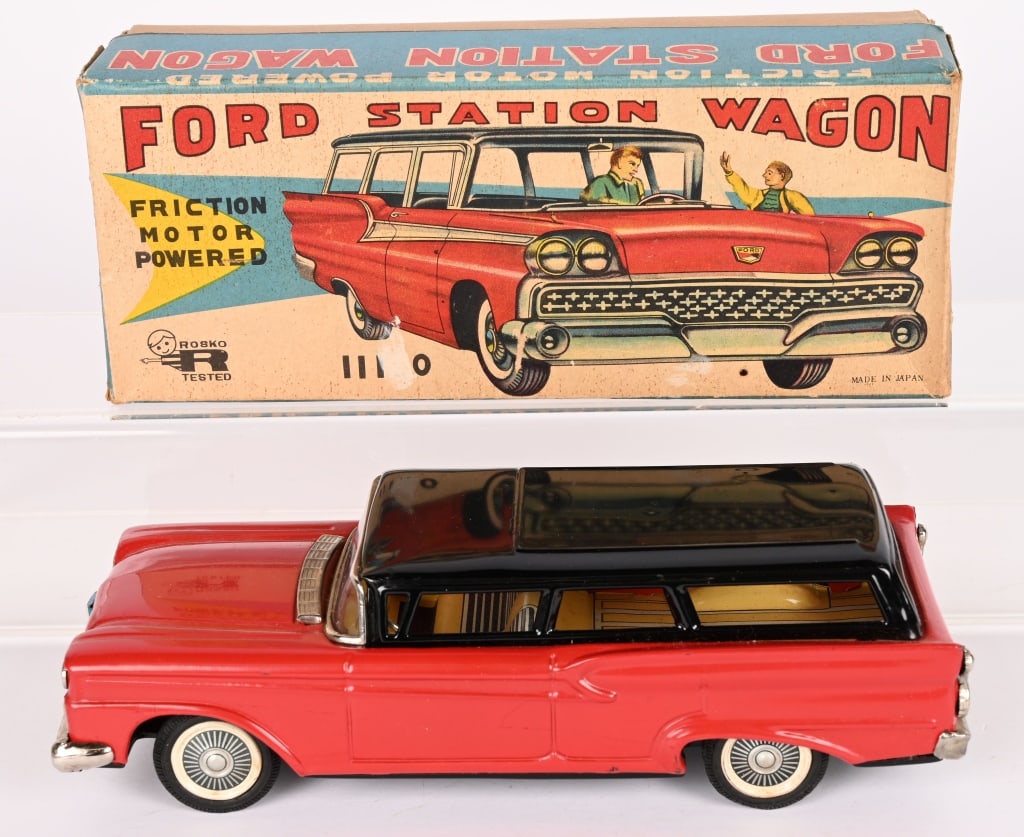 JAPAN TIN FRICTION FORD STATION WAGON w/ BOX: All original in great condition. Friction works. Boxed 9" Excellent