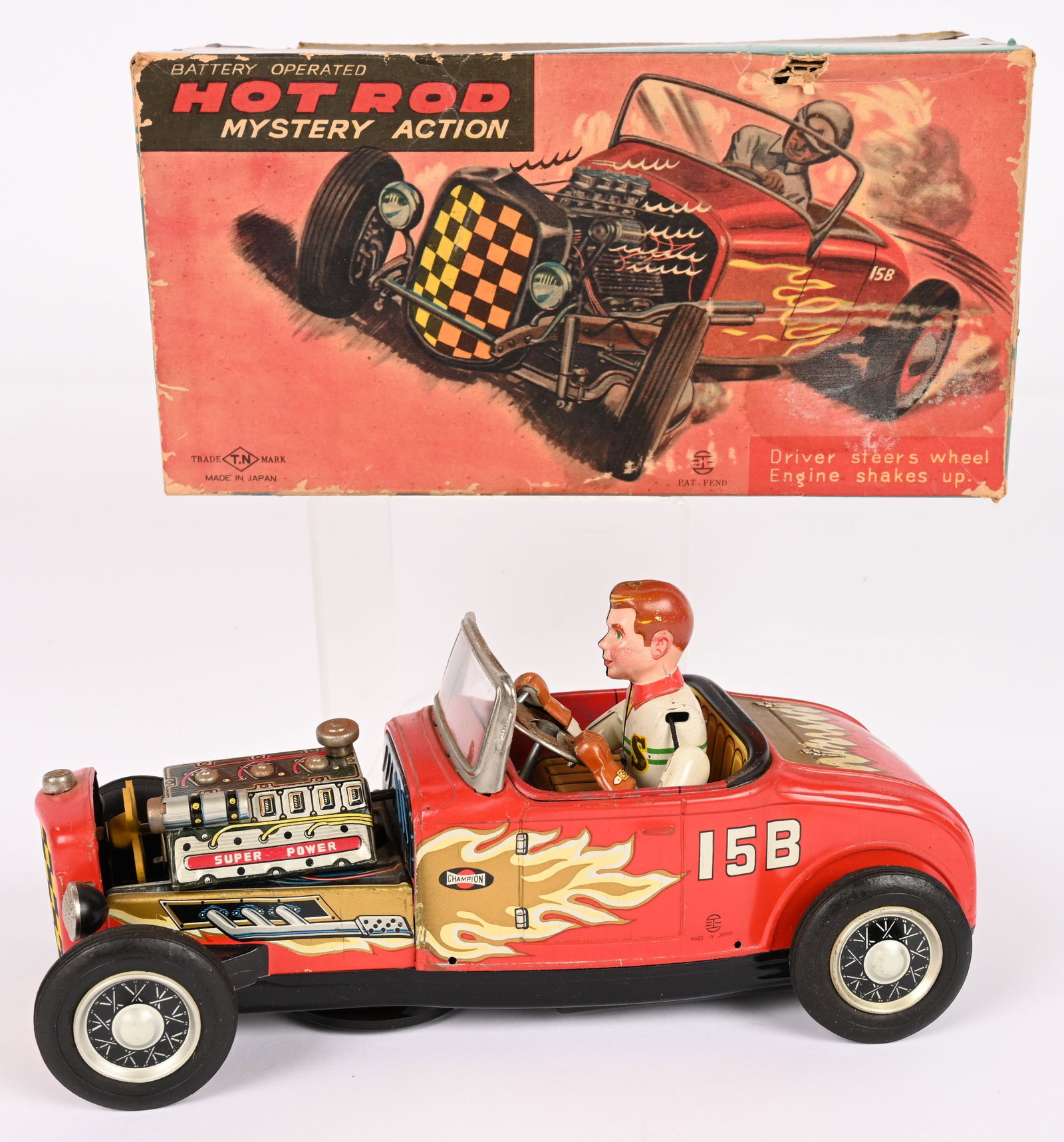 JAPAN BATTERY OP HOT ROD w/ BOX: All original in great shape. Cool looking car. Clean battery box. Did not work when tested. Boxed 10" Excellent