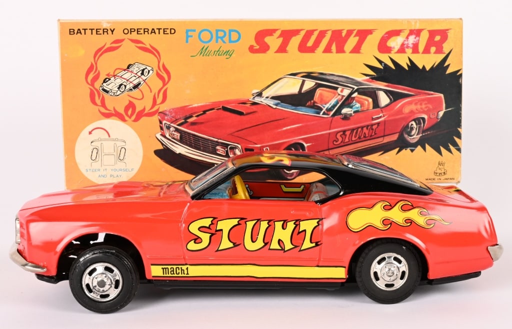 JAPAN BATTERY OP STUNT CAR FORD MUSTANG w/ BOX: New Old Stock. Worked when tested. Boxed 10 1/2" Excellent