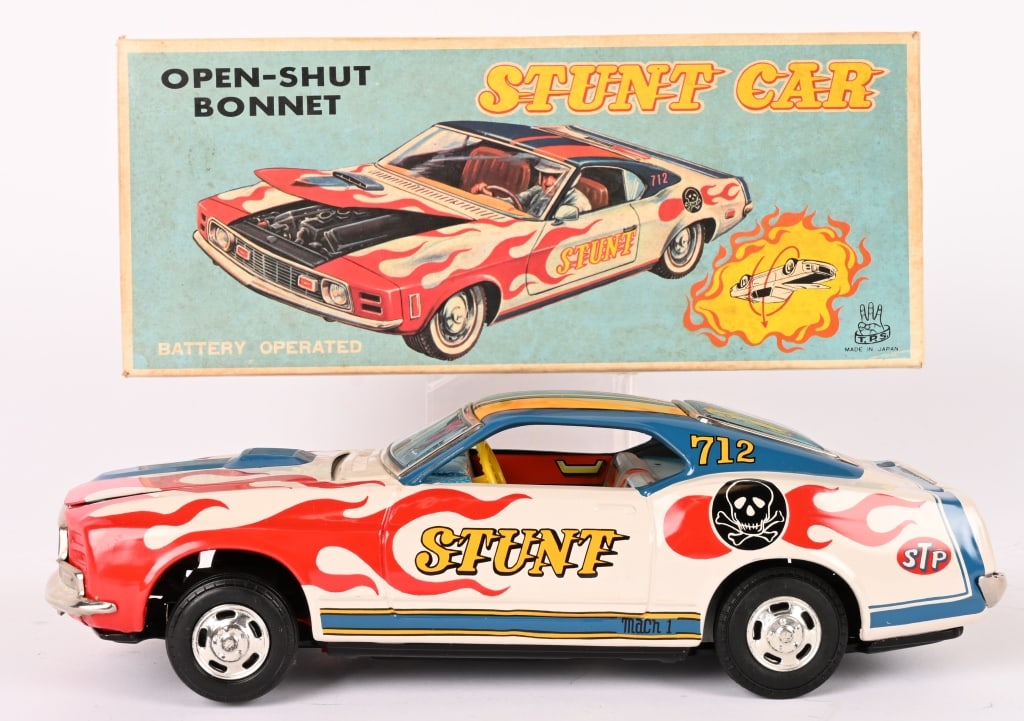 JAPAN BATTERY OP STUNT CAR FORD MUSTANG w/ BOX: Original looks never played with. Worked when tested. Boxed 10 1/2" Excellent