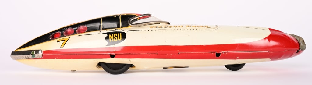 JAPAN TIN FRICTION NSU 7 RECORD LAND SPEED RACER: All original in great shape. Friction works. 13" Excellent