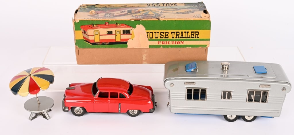 JAPAN TIN FRICTION CAR & HOUSE TRAILER w/ BOX: All original with friction Car and House Trailer. Comes with Furniture. Clean condition. Car friction works. Boxed 11" Excellent