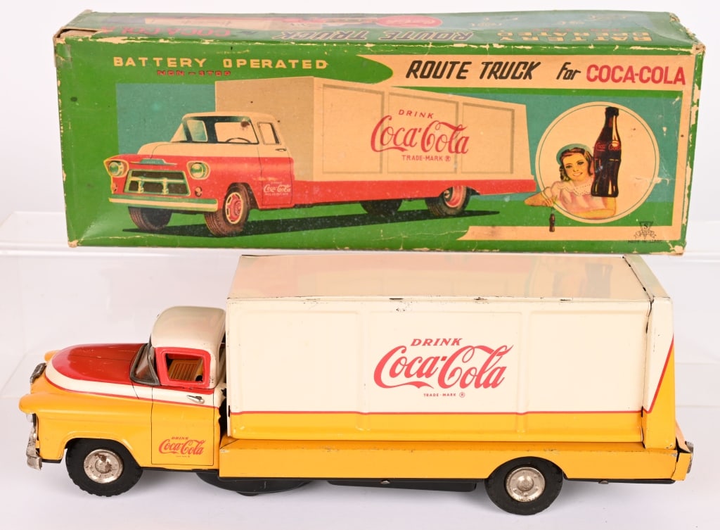 JAPAN BATTERY OP COCA COLA ROUTE TRUCK w/ BOX: All original in great condition. Clean battery box. Did not work when tested. Boxed 16" Excellent
