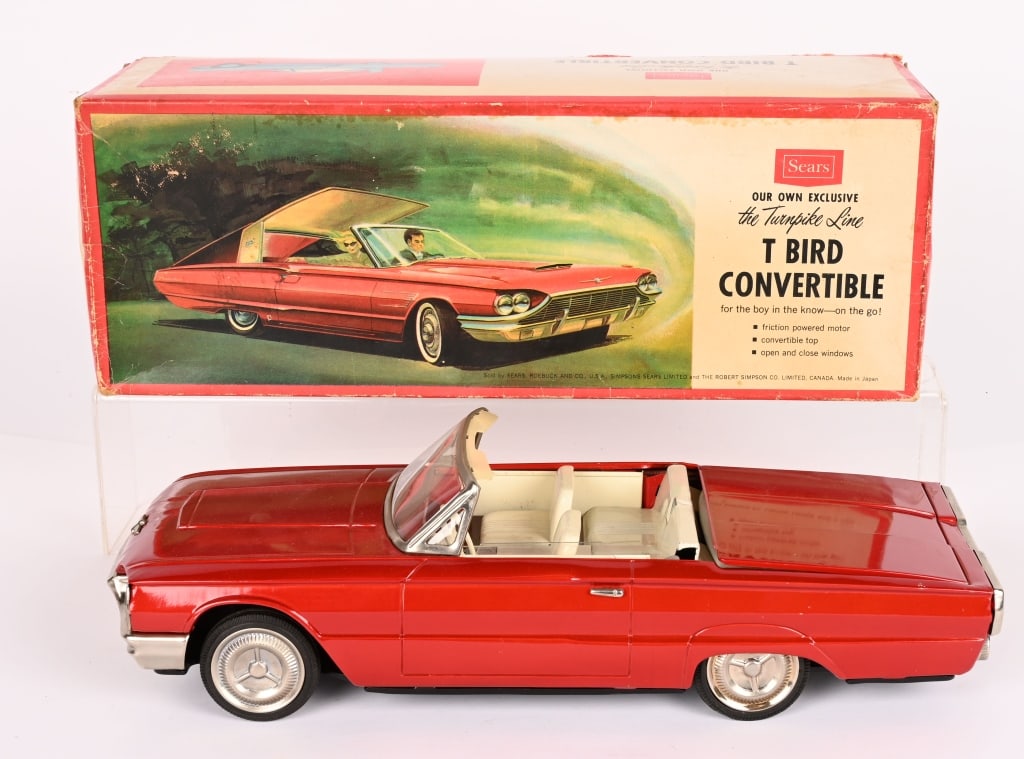 JAPAN TIN FRICTION SEARS T-BIRD CONVERTIBLE w/BOX: Sear Exclusive. All original in great condition. Large impressive car. Friction works. Boxed 16" Excellent