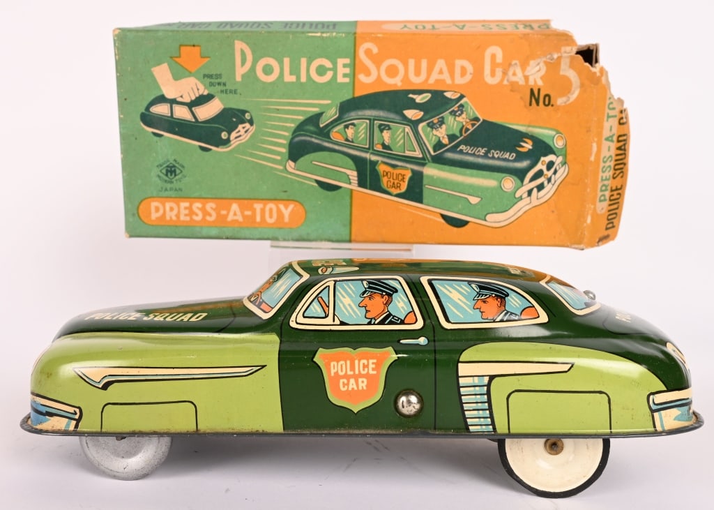 JAPAN TIN PRESS-ACTION POLICE SQUAD CAR w/ BOX: All original in great shape. Action works. Boxed 9 1/2" Excellent
