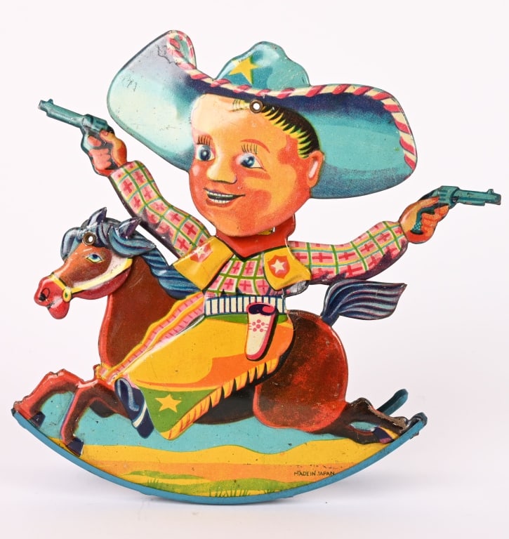 JAPAN TIN WINDUP MISTER COWBOY ON HORSE: All original in great condition. Very nice colors. Windup works. 5 1/2" Excellent