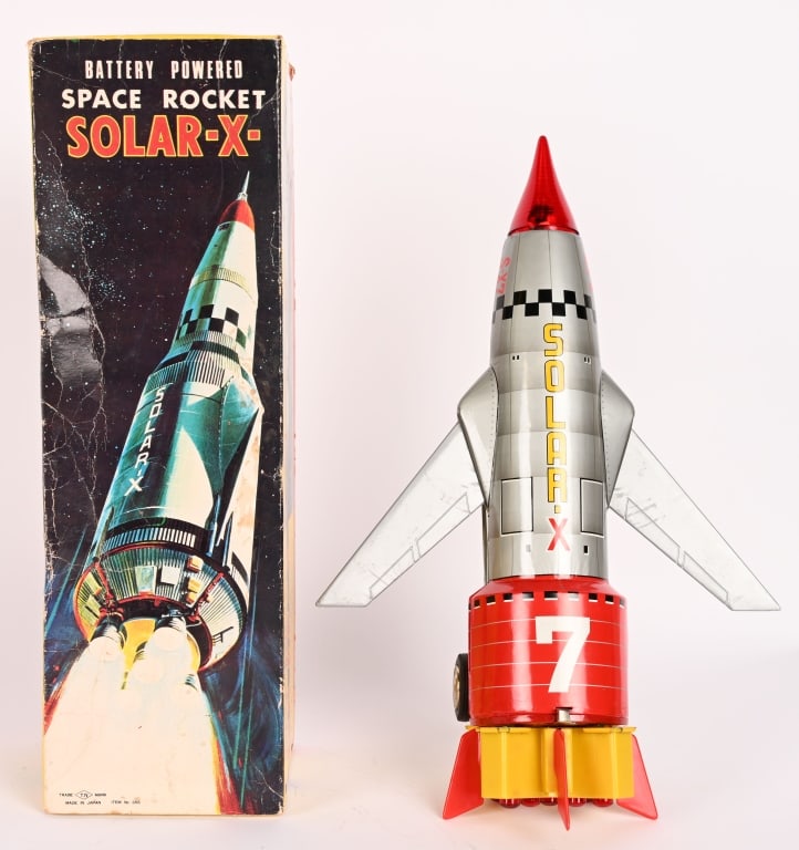 JAPAN BATTERY OP SOLAR X ROCKET w/ BOX: All original in nice shape. Worked when tested. Boxed 16" Excellent