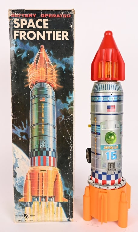 JAPAN BATTERY OP SPACE FRONTIER ROCKET w/ BOX: All original in nice shape. Worked when tested. Boxed 19" Excellent