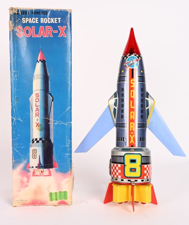 JAPAN BATTERY OP SOLAR X ROCKET w/ BOX: All original in nice shape. Worked when tested. Boxed 16" Excellent