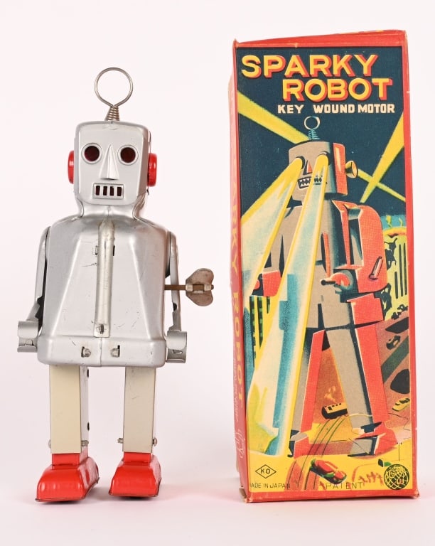 JAPAN TIN WINDUP SPARKY ROBOT w/ BOX: All original in great shape. Windup works and still sparks. Boxed 7 1/2" Excellent