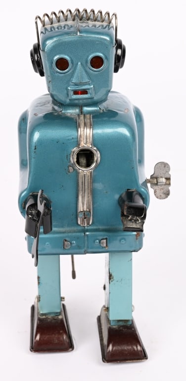 JAPAN TIN WINDUP ZOOMER ROBOT: All original scrace tin windup Zoomer Robot. Blue version. very clean. Works. 8" Excellent