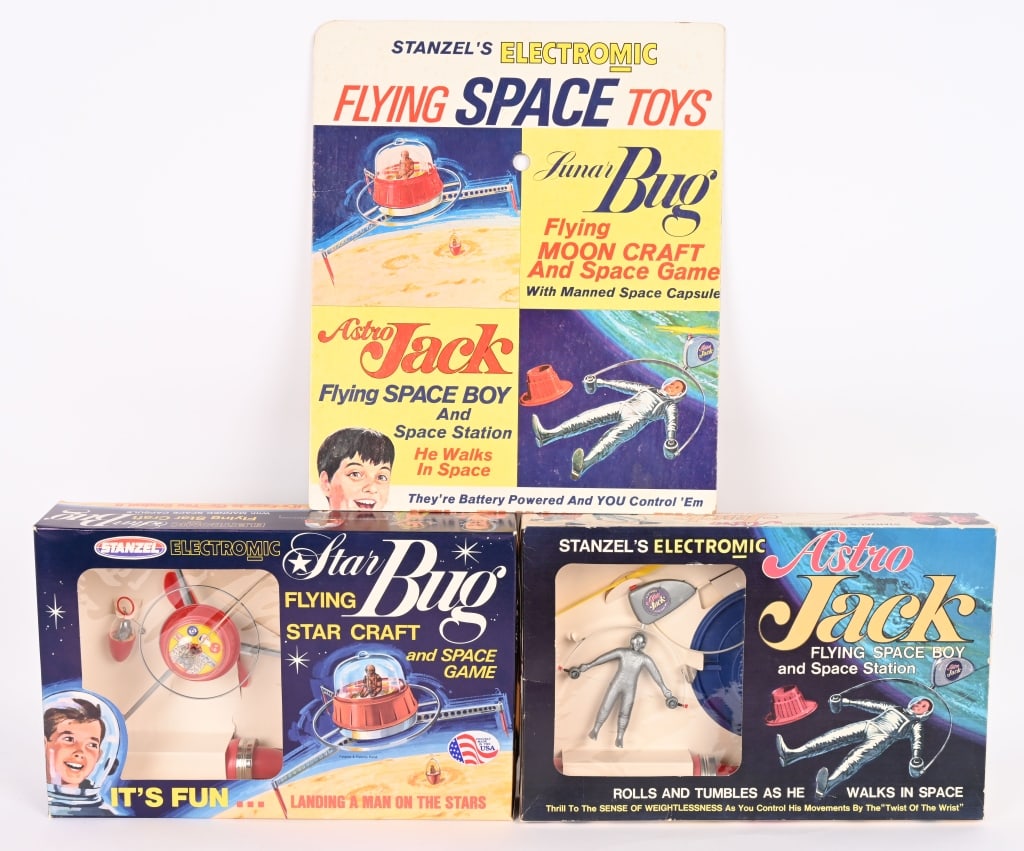 STANZEL STAR BUG & ASTRO JACK MIB & STORE DISPLAY: Lot includes Stanzel Star Bug and Astro Jack both new old stock in Box. Comes with original Store Display. 15" Excellent