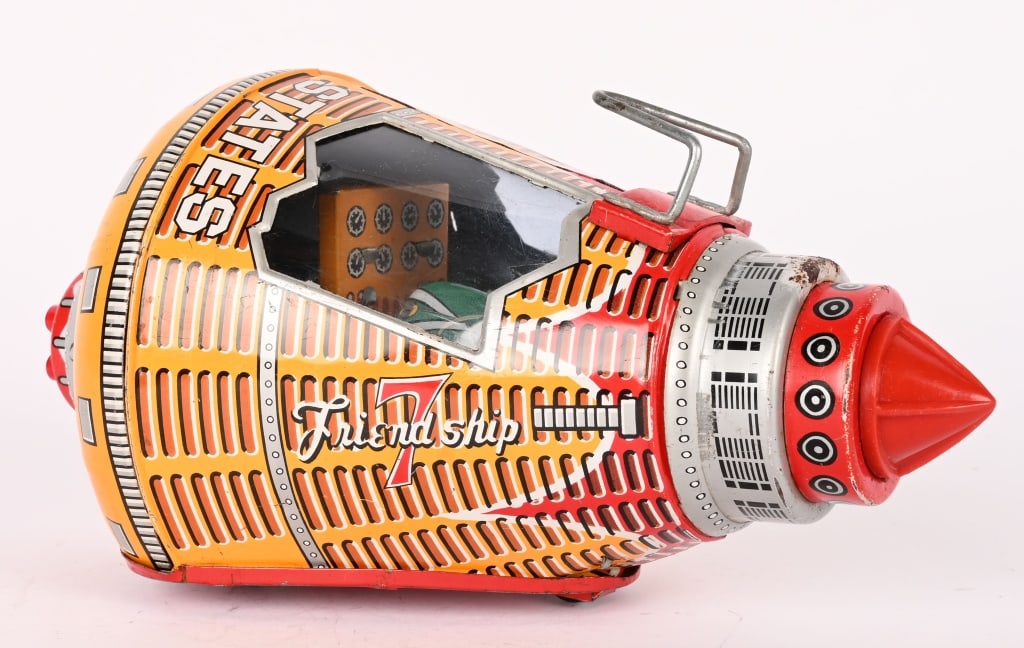 JAPAN TIN FRICTION FRIENDSHIP 7 SPACE CAPSULE: All original with Astronaut. Friction works. 9 1/2" Excellent