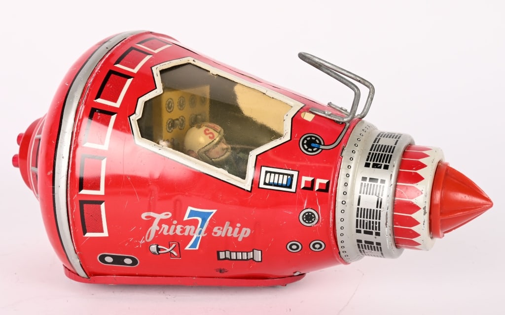 JAPAN TIN FRICTION FRIENDSHIP 7 SPACE CAPSULE: All original with Astronaut. Friction works. 9 1/2" Excellent