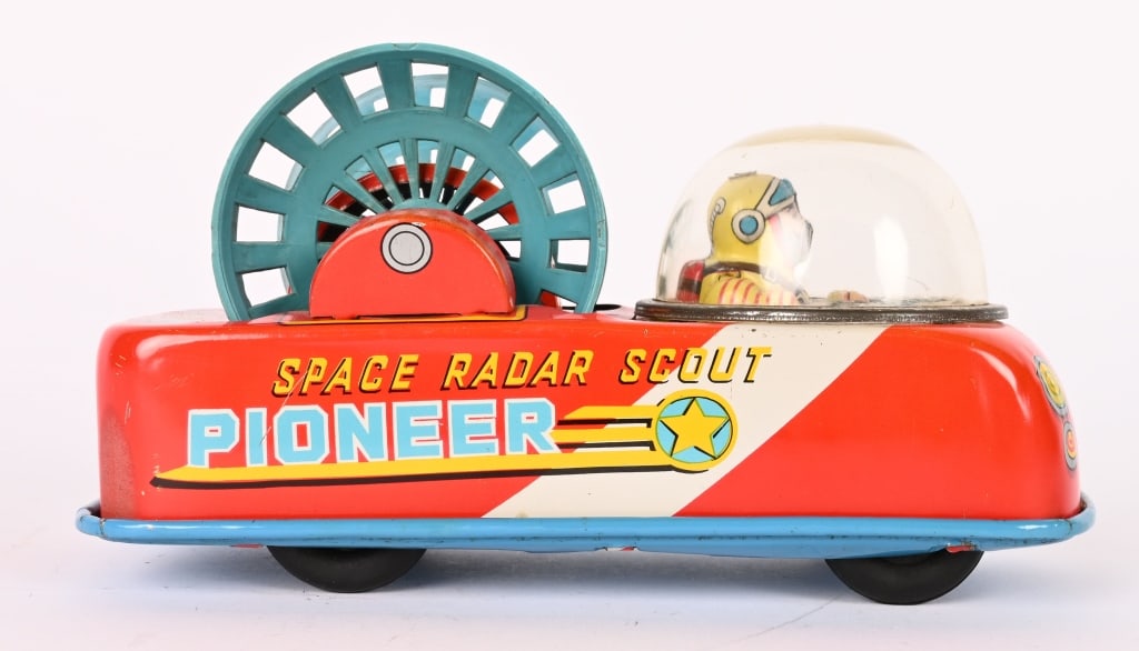 JAPAN TIN FRICTION PIONEER SPACE RADAR SCOUT: All original in great shape. friction works. 6 1/2" Excellent