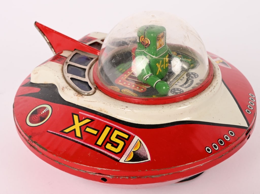 JAPAN TIN WINDUP X-15 SPACESHIP: All original with Spaceman Driver. Windup works. 5 1/2" Excellent
