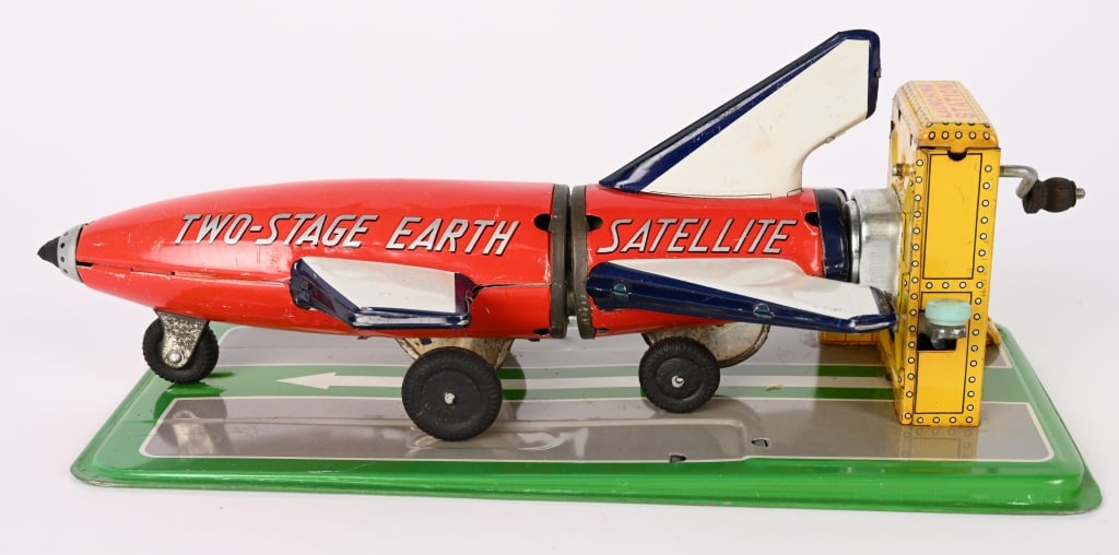 LINEMAR TIN WINDUP TWO STAGE EARTH SATELLITE: All original and complete. Very nice condition. Works. 10" Excellent