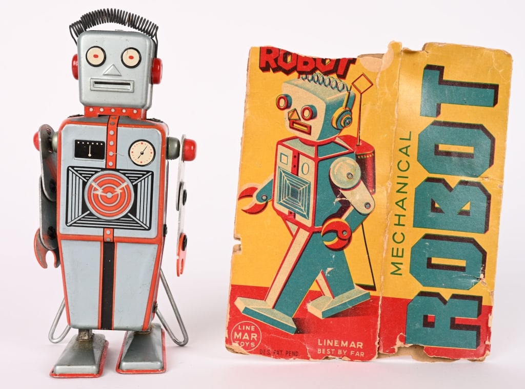 LINEMAR TIN WINDUP EASEL BACK ROBOT: All original in great condition. Windup works. With partial Box. 6" Excellent