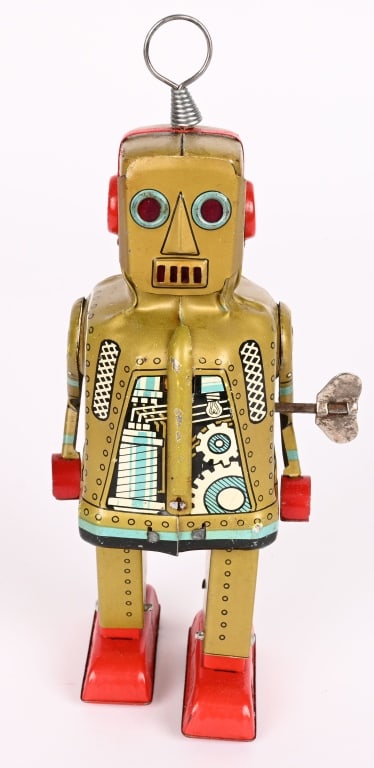 JAPAN TIN WINDUP LITHO SPARKY ROBOT: All original litho version. Very clean. Windup works. 7 1/2" Excellent