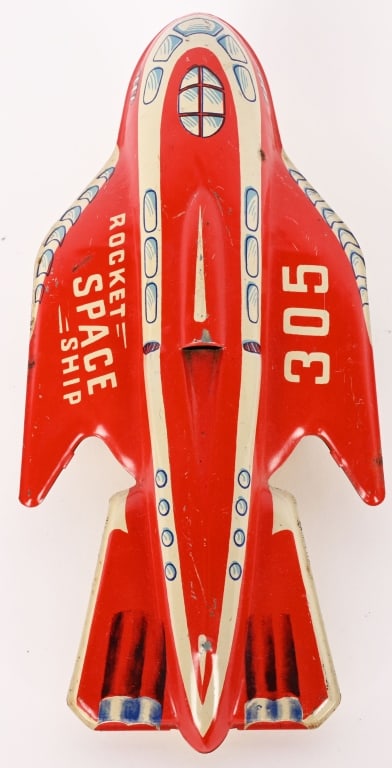 AUTOMATIC TOYS TIN FRICTION ROCKET SHIP 305: All original in nice shape. Friction works. 8 1/2" Excellent