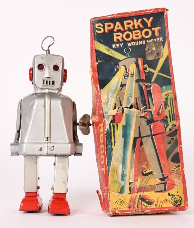 JAPAN TIN WINDUP SPARKY ROBOT w/ BOX: All original in great shape. Windup works and still sparks. Boxed 7 1/2" Excellent