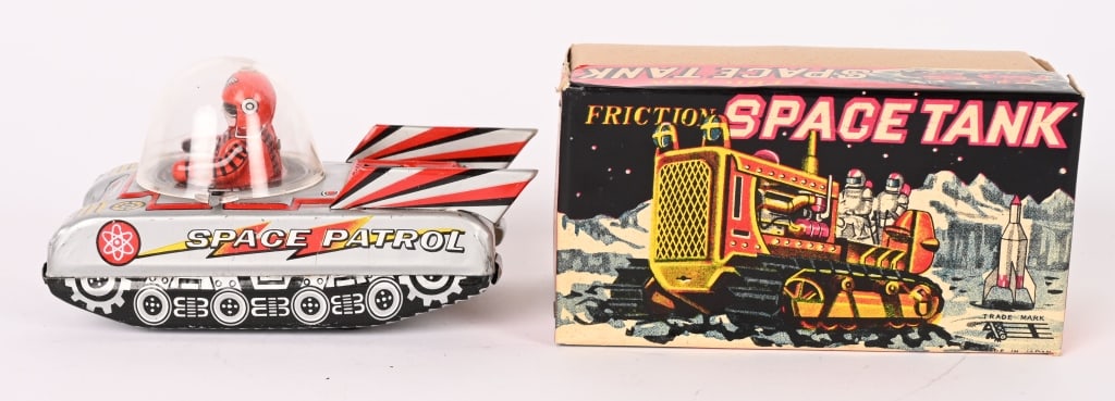 JAPAN TIN FRICTION SPACE PATROL TANK: All original in great condition. Friction works. Comes with Space Tank Box. 5" Excellent