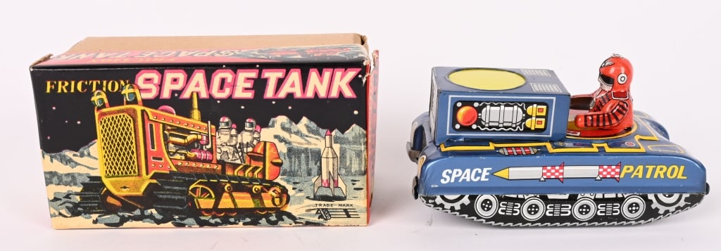 JAPAN TIN FRICTION SPACE PATROL TANK: All original in great condition. Friction works. Comes with Space Tank Box. 5" Excellent