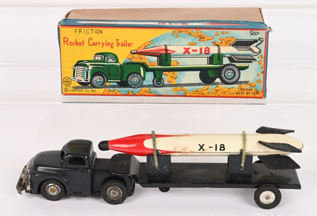 LINEMAR FRICTION ROCKET CARRYING TRAILER w/ BOX: Great looking Semi Truck and Trailer carrying X-18 Rocket. All original and looks never played with. Boxed 9" Excellent