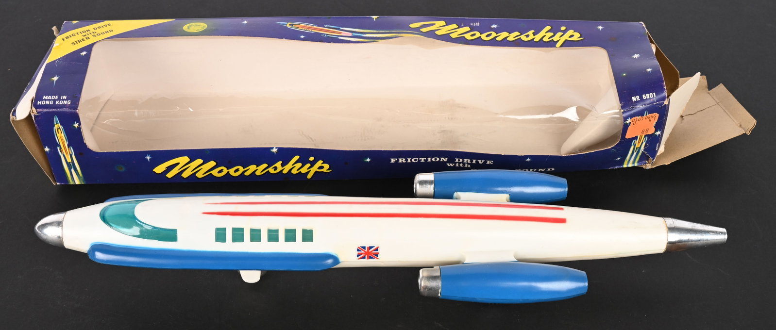HK FRICTION MOONSHIP w/ BOX: Nice looking large plastic Rocketship made in Honk Kong. All original and never played with. Has friction drive. Comes with Box. 15" Excellent