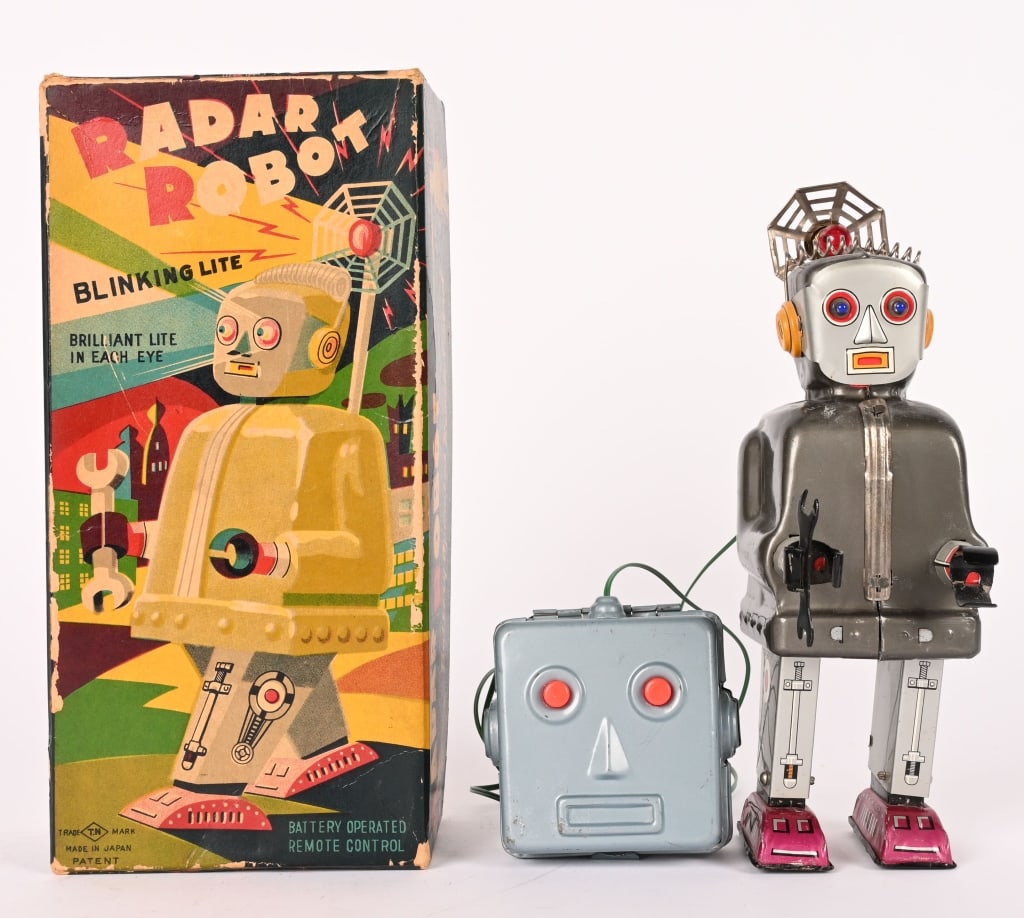 NOMURA BATTERY OP RADAR ROBOT w/ BOX: Japan battery operated Radar Robot. All original and complete with correct battery box remote control. Nice clean condition. Worked when tested. With Box. 8" Excellent