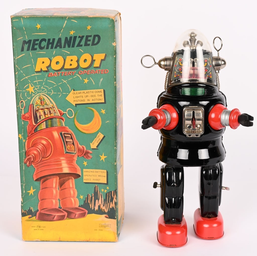 SHOWA BATTERY OP MECHANIZED ROBOT "ROBBY" w/ BOX: Japan 1950's battery operated Mechanized Robot , known as "Robby The Robot". Complete and original with glossy paint and clean battery boxes. Worked well when tested. The small tab on the back of the 