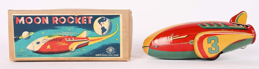 JAPAN TIN FRICTION MOON ROCKET w/ BOX: All original and looks never played with condition. Friction works. Boxed 6 1/2" Excellent