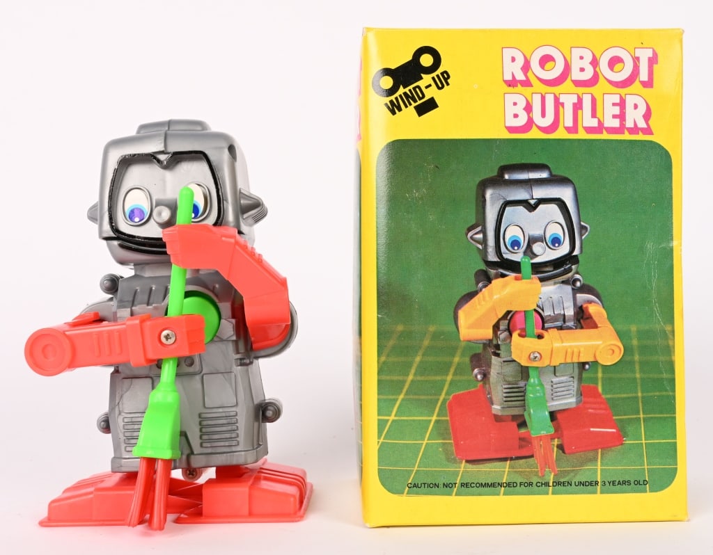 HONG KONG WINDUP ROBOT BUTLER w/ BOX: All original and looks never played with. Works. Boxed 6 1/2" Excellent
