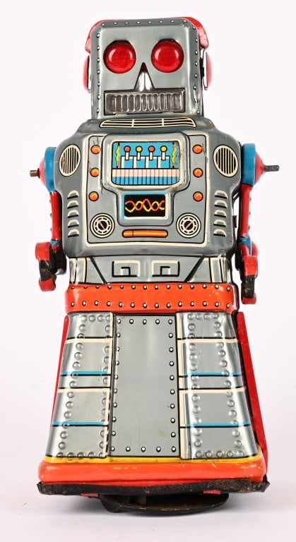 JAPAN TIN WINDUP ATOM ROBOT: All original with red eyes. Windup works. 7" Excellent