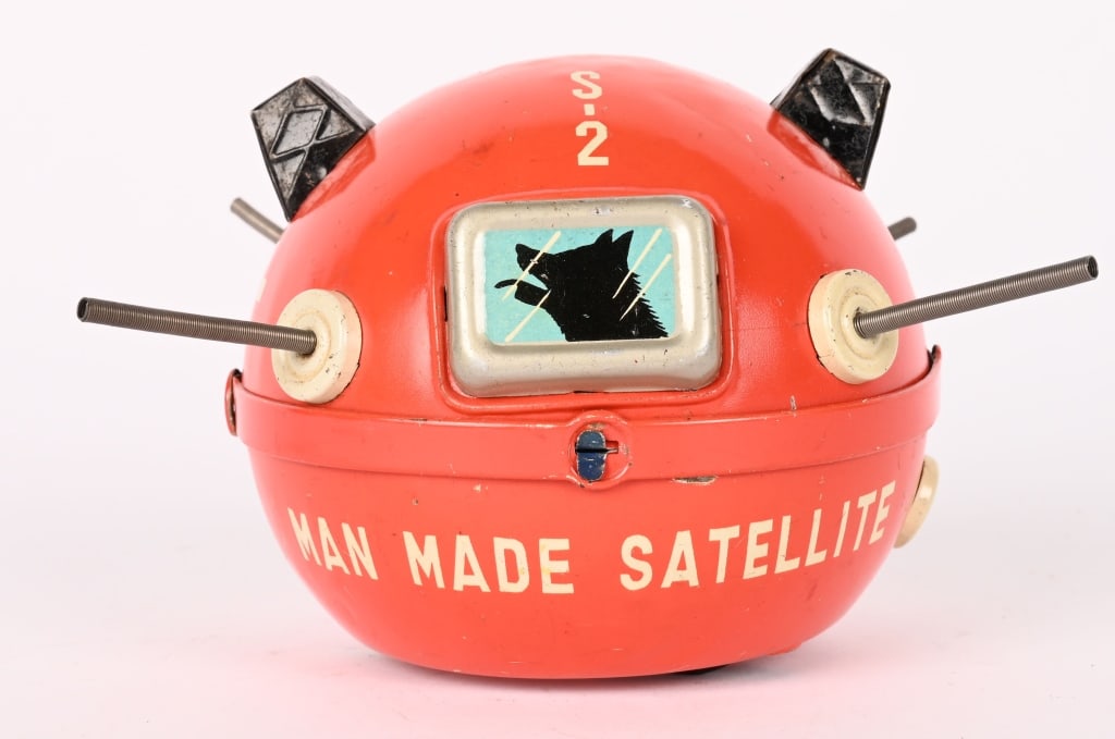 JAPAN TIN FRICTION MAN MADE SATELLITE: All original in great shape. Friction works. 5" Excellent