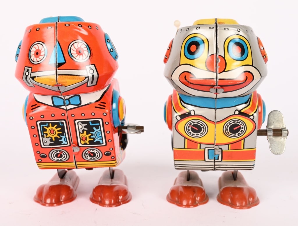 2- JAPAN TIN WINDUP ROBOT HOPPERS: Both all original in great shape. Working. 3 1/2" Excellent