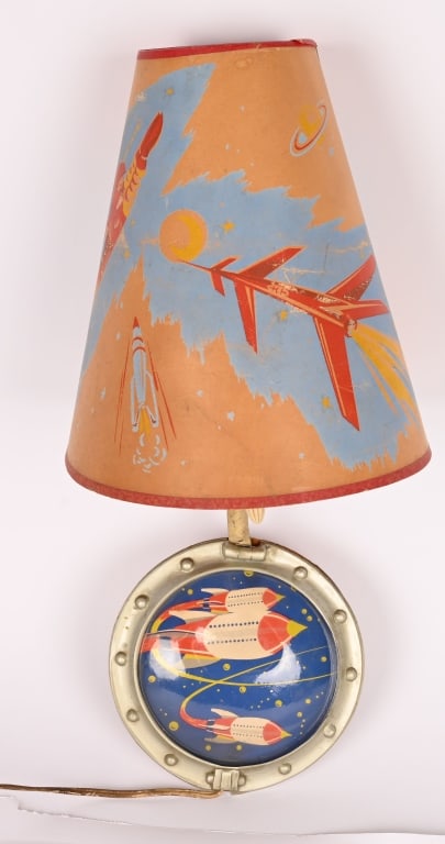 VINTAGE SPACE LAMP w/ ROCKETS: Vintage wall mount style lamp. Has original shade. Lamp and shade have great space and rocket graphics. 22" Excellent
