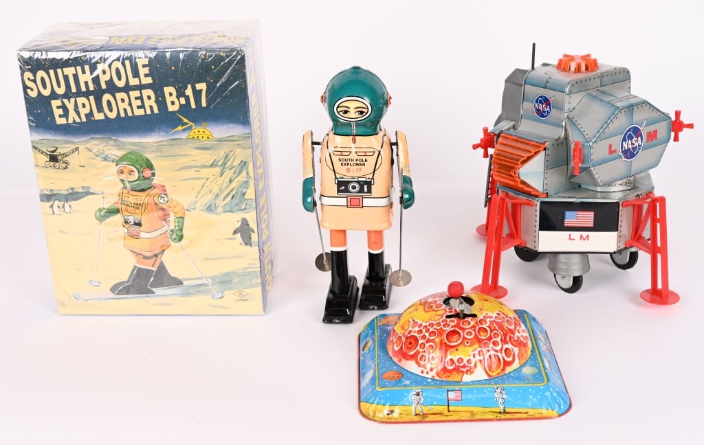 LOT OF SPACE TOYS: Includes Modern Sount ole Exolorer B-17 with Box, Apollo-11 Space Capsule, and Tin Windup Base. Some missing parts. AS-IS