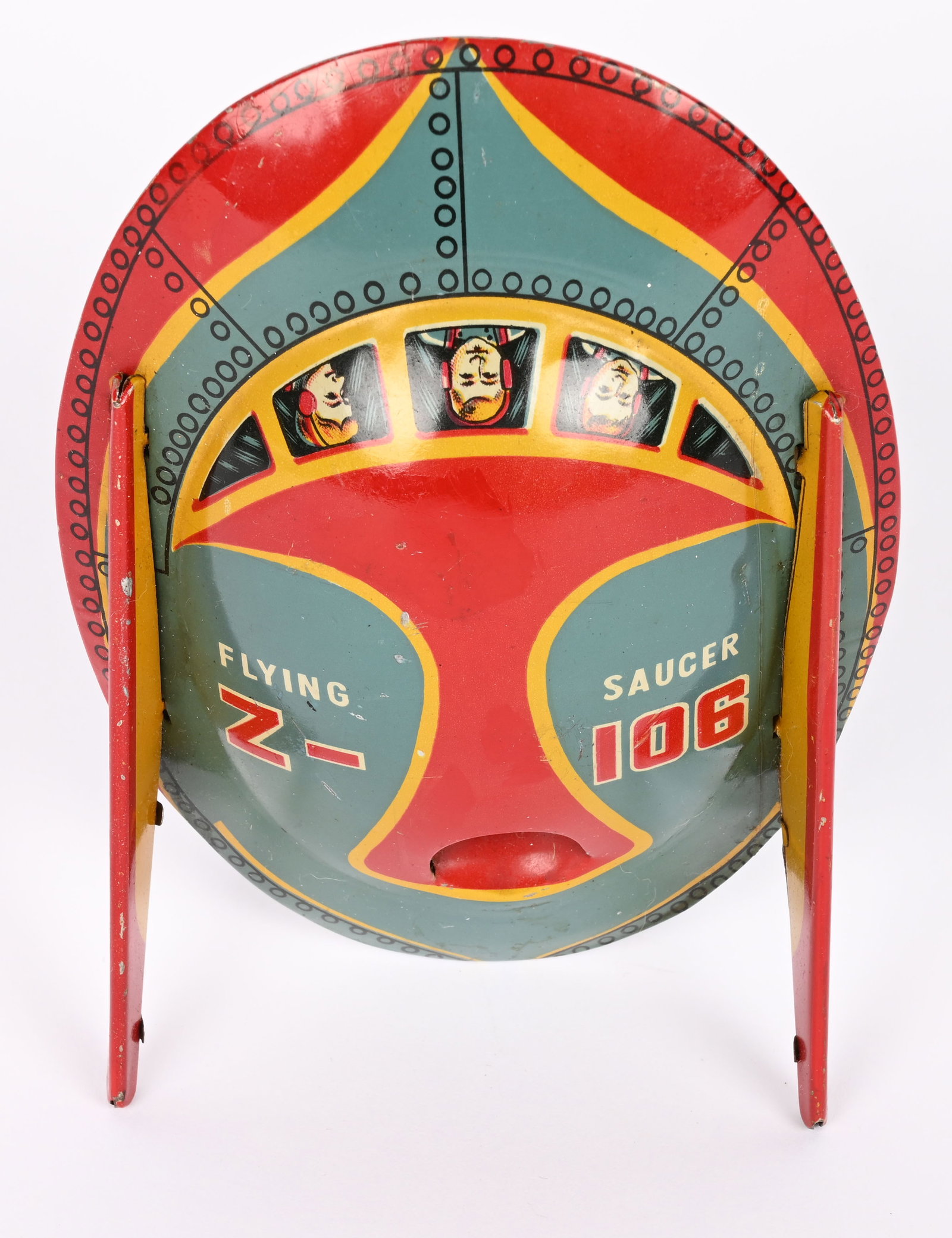 JAPAN TIN FRICTION Z-106 FLYING SAUCER: All original with great colors. Friction works. 5 1/2" Excellent