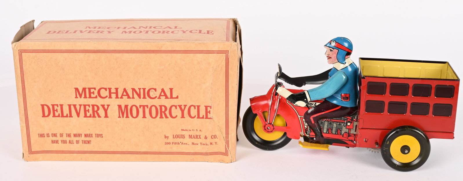 MARX WINDUP SPEEDBOY DELIVERY MOTORCYCLE w/ BOX: All original and looks never played with condition. Works. Boxed 10" Excellent