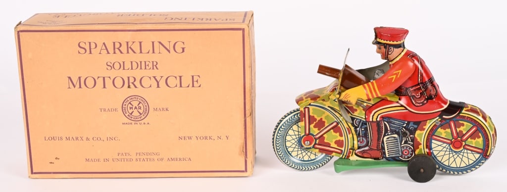 MARX WINDUP SPARKLING SOLDIER MOTORCYCLE w/ BOX: All original and looks never played with condition. Works. Boxed 8 1/2" Excellent