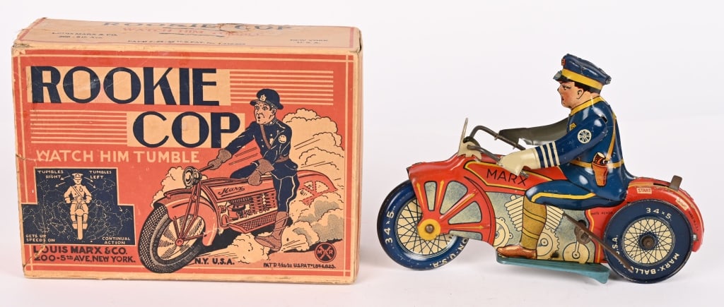MARX TIN WINDUP ROOKIE COP MOTORYCLE w/ BOX: All original and looks never played with condition. Works. Boxed 8 1/2" Excellent