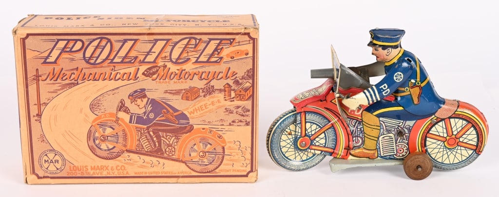 MARX TIN WINDUP POLICE MOTORCYLE w/ BOX: All original and looks never played with condition. PD Shield version. Works. Boxed 10" Excellent