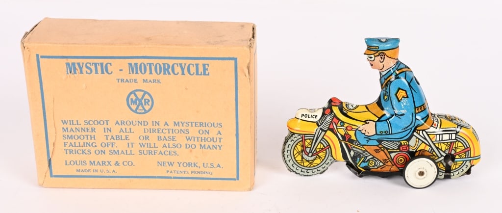 MARX TIN WINDUP MYSTIC MOTORCYCLE w/ BOX: All original and looks never played with condition. Works. Boxed 4 1/2" Excellent