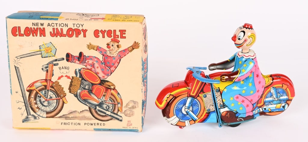 TPS FRICTION CLOWN JALOPY MOTORYCLE w/ BOX: All original and looks never played with condition. Works. Boxed 7 1/2" Excellent