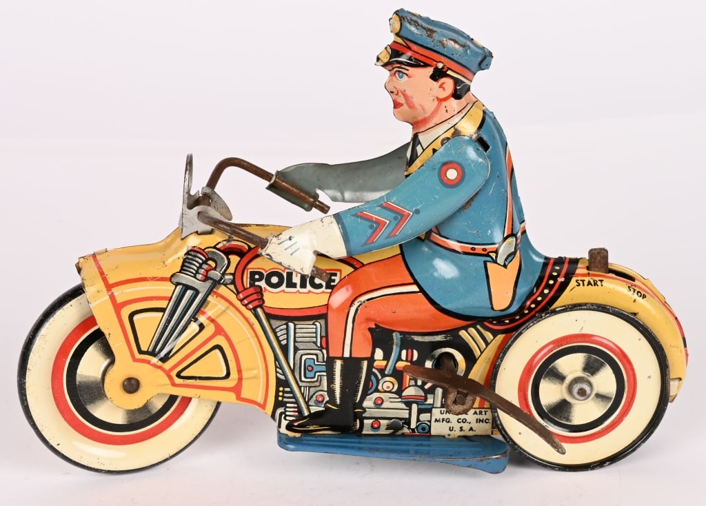 UNIQUE ART TIN WINDUP POLICE MOTORYCLE: All original in nice shape, Works. 8 1/2" Excellent