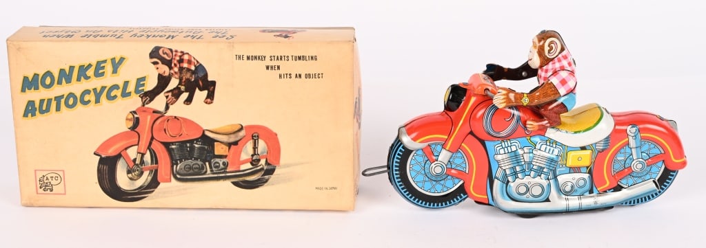 JAPAN TIN FRICTION MONKEY MOTORCYCLE w/ BOX: All original in great shape. Friction works. Boxed 10" Excellent