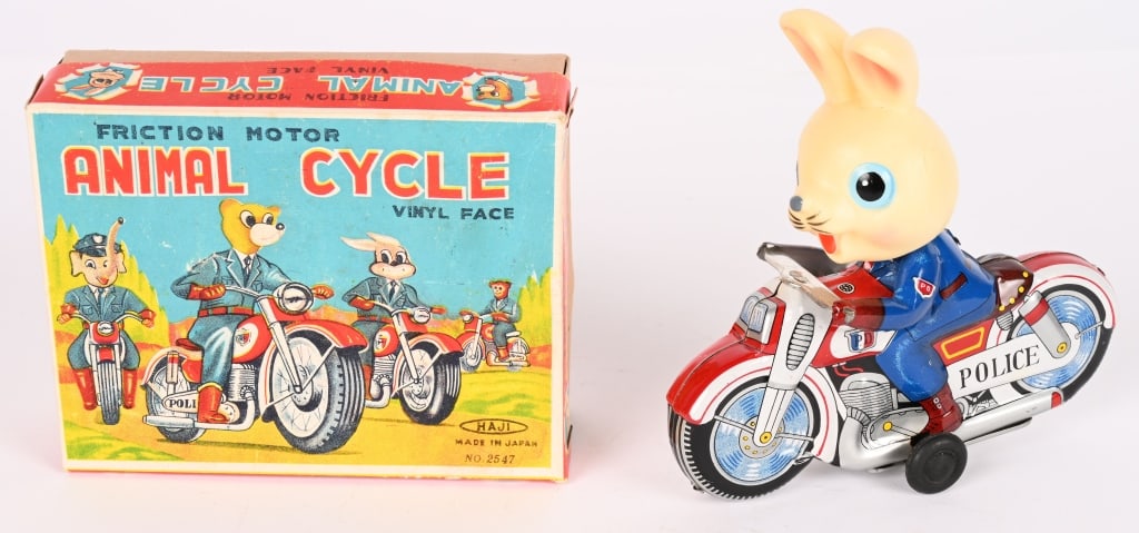 JAPAN TIN FRICTION ANIMAL CYCLE w/ BOX: All original in great shape. Rabbit version. Friction works. 5" Excellent